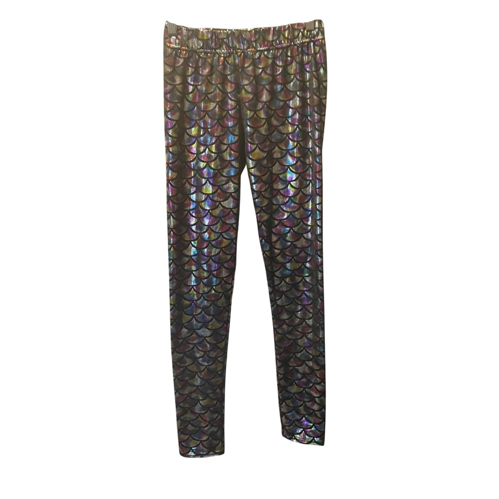 Women Mermaid Holographic Fish Scale Shiny Rave Festival Leggings Small Metallic